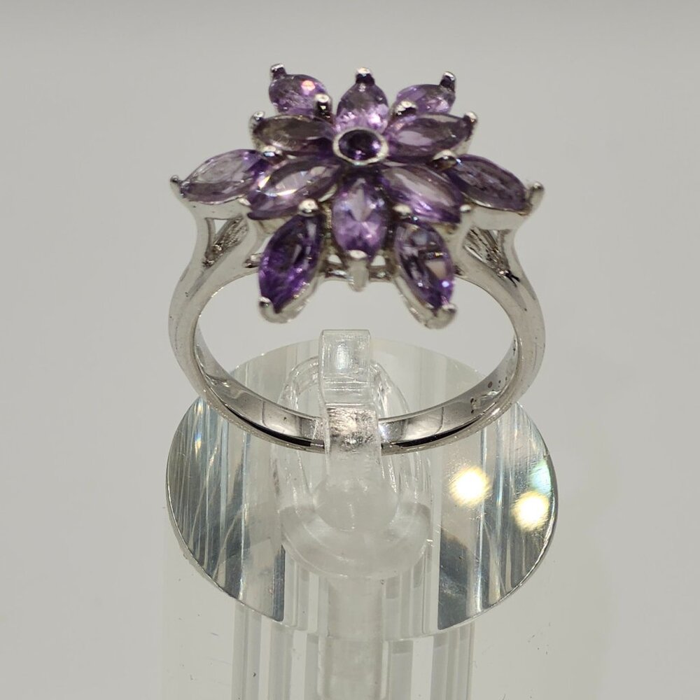 .925 Sterling Silver Flower Natural Amethyst Ring Size 9 Value $635